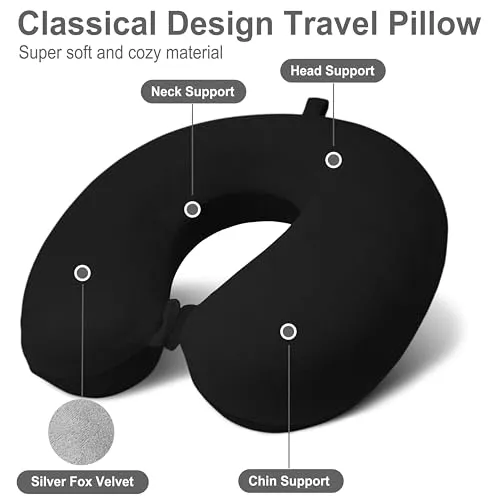 Anmokey Neck Pillow for Airplane Travel, 100% Pure Memory Foam Travel Neck Pillow for Sleeping & Travel Essentials for Neck Rest, Black, Pack with Box