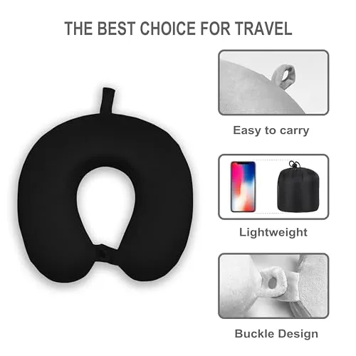 Anmokey Neck Pillow for Airplane Travel, 100% Pure Memory Foam Travel Neck Pillow for Sleeping & Travel Essentials for Neck Rest, Black, Pack with Box
