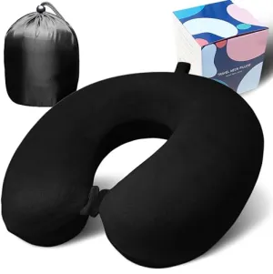 Anmokey Neck Pillow for Airplane Travel, 100% Pure Memory Foam Travel Neck Pillow for Sleeping & Travel Essentials for Neck Rest, Black, Pack with Box