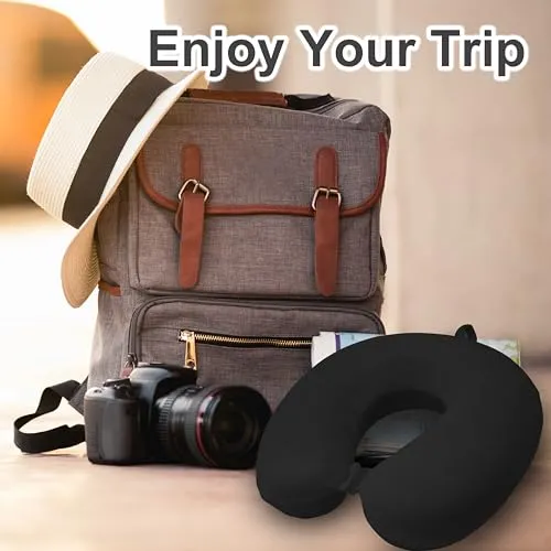 Anmokey Neck Pillow for Airplane Travel, 100% Pure Memory Foam Travel Neck Pillow for Sleeping & Travel Essentials for Neck Rest, Black, Pack with Box
