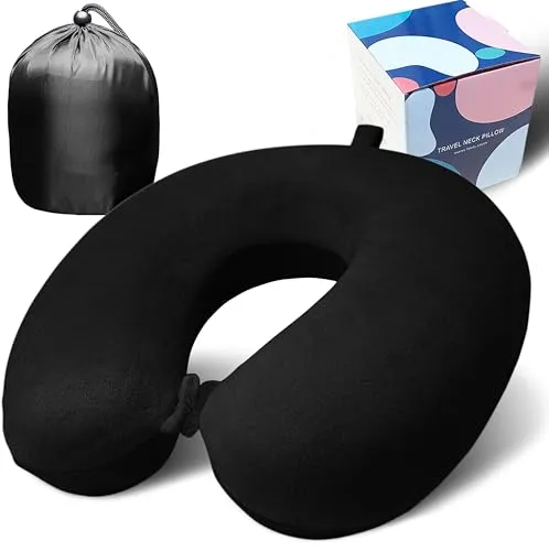 Anmokey Neck Pillow for Airplane Travel, 100% Pure Memory Foam Travel Neck Pillow for Sleeping & Travel Essentials for Neck Rest, Black, Pack with Box
