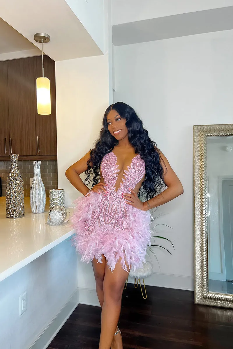Illusion Deep V Neck Beads Feather Pink Homecoming Dress for Black Women QH2512