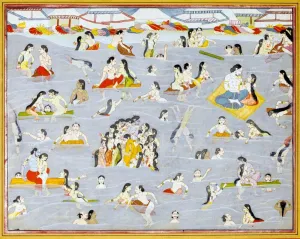 Krishna and the Gopis Bathing in the River Yamuna, Illustration from a Harivamsa series, attributable to Purkhu - Kangra Painting, circa 1800-15 - Art Prints