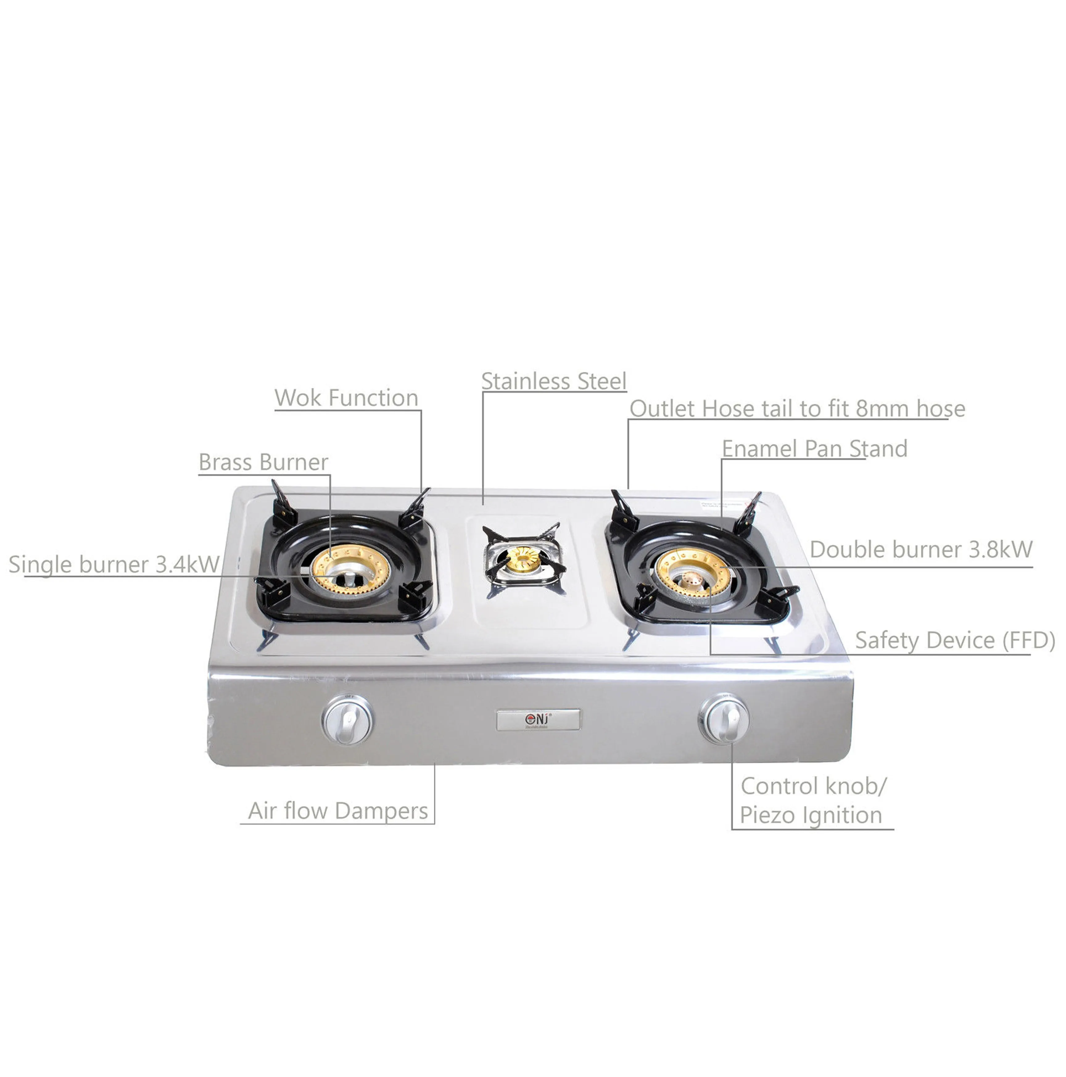 NJ NGB-300 Portable 3 Burners Gas Stove for Outdoor Camping LPG 8 kW with Piezo