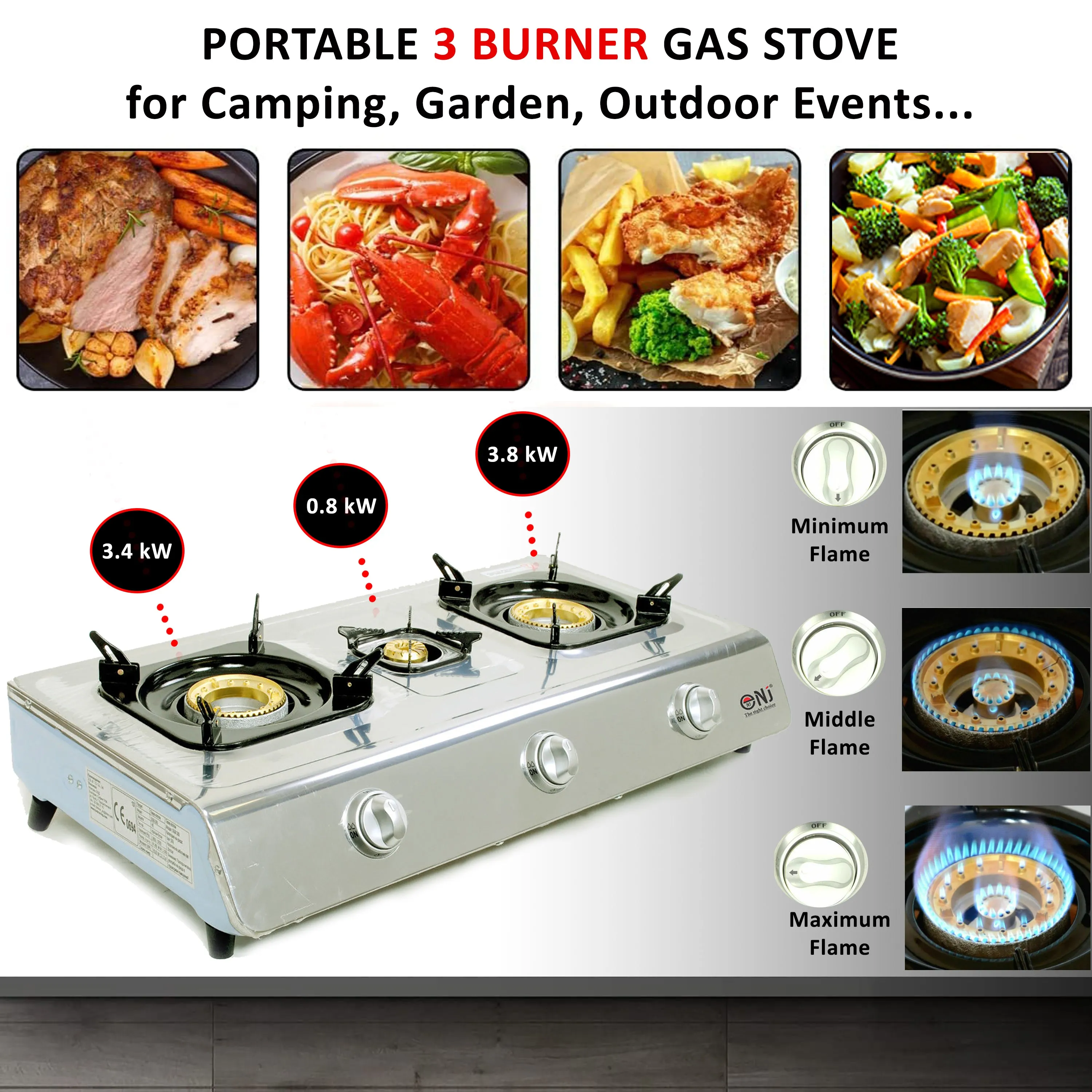 NJ NGB-300 Portable 3 Burners Gas Stove for Outdoor Camping LPG 8 kW with Piezo