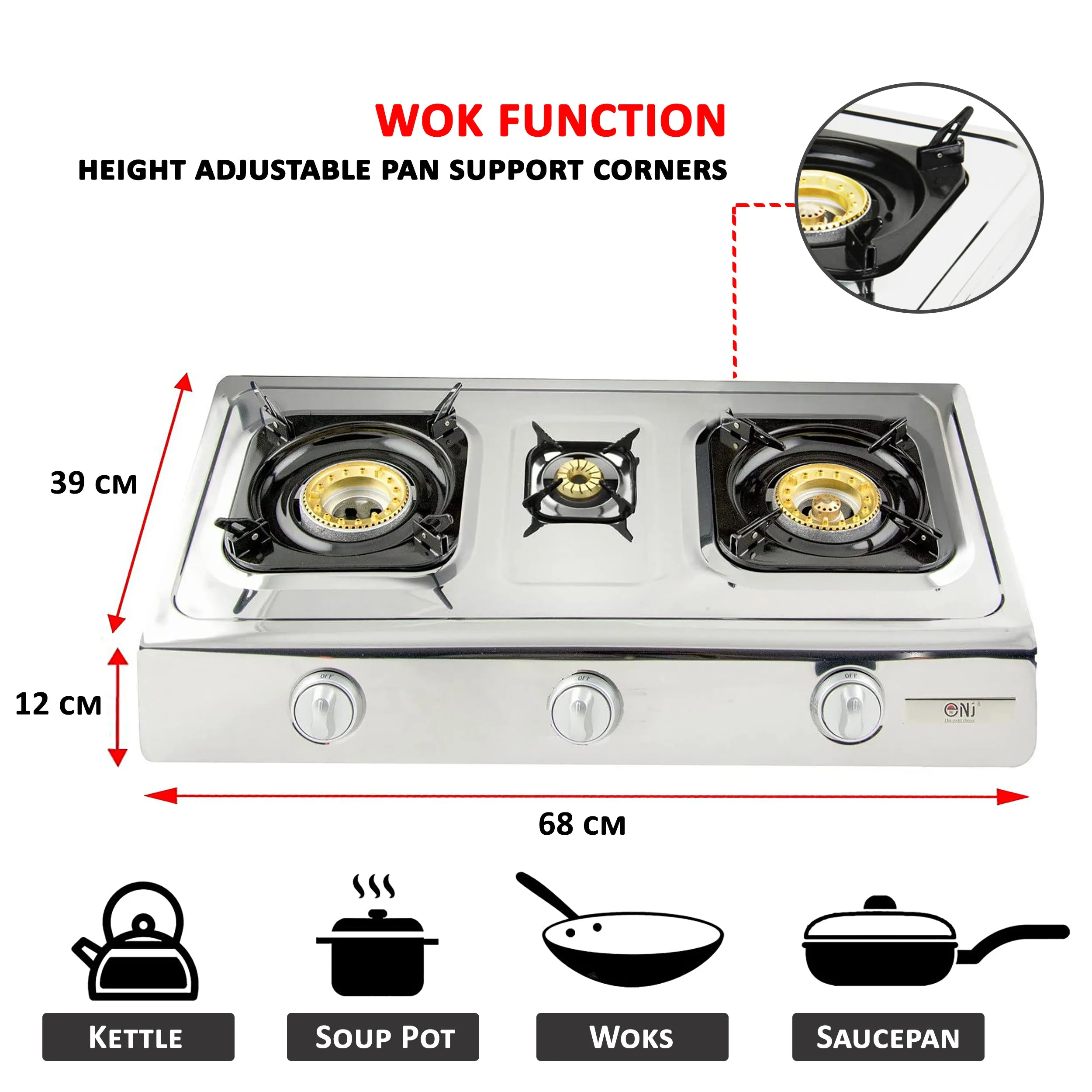 NJ NGB-300 Portable 3 Burners Gas Stove for Outdoor Camping LPG 8 kW with Piezo
