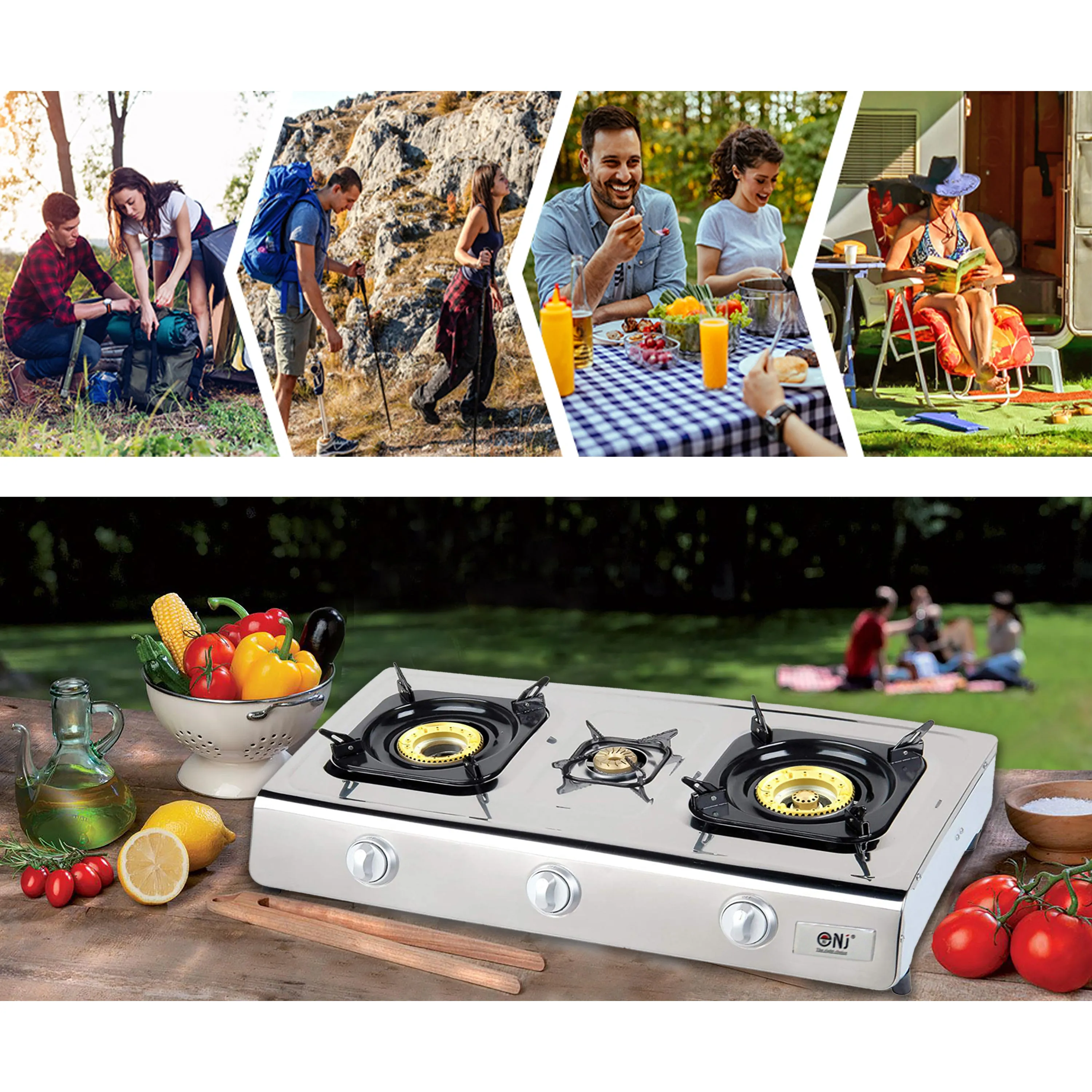 NJ NGB-300 Portable 3 Burners Gas Stove for Outdoor Camping LPG 8 kW with Piezo
