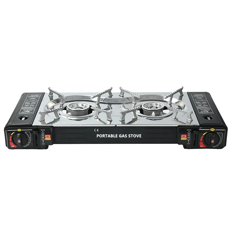 Portable Double Burner Camping Gas Stove | Outdoor Butane BBQ Grill | Lightweight Foldable Cooking Stove for Camping & Picnic