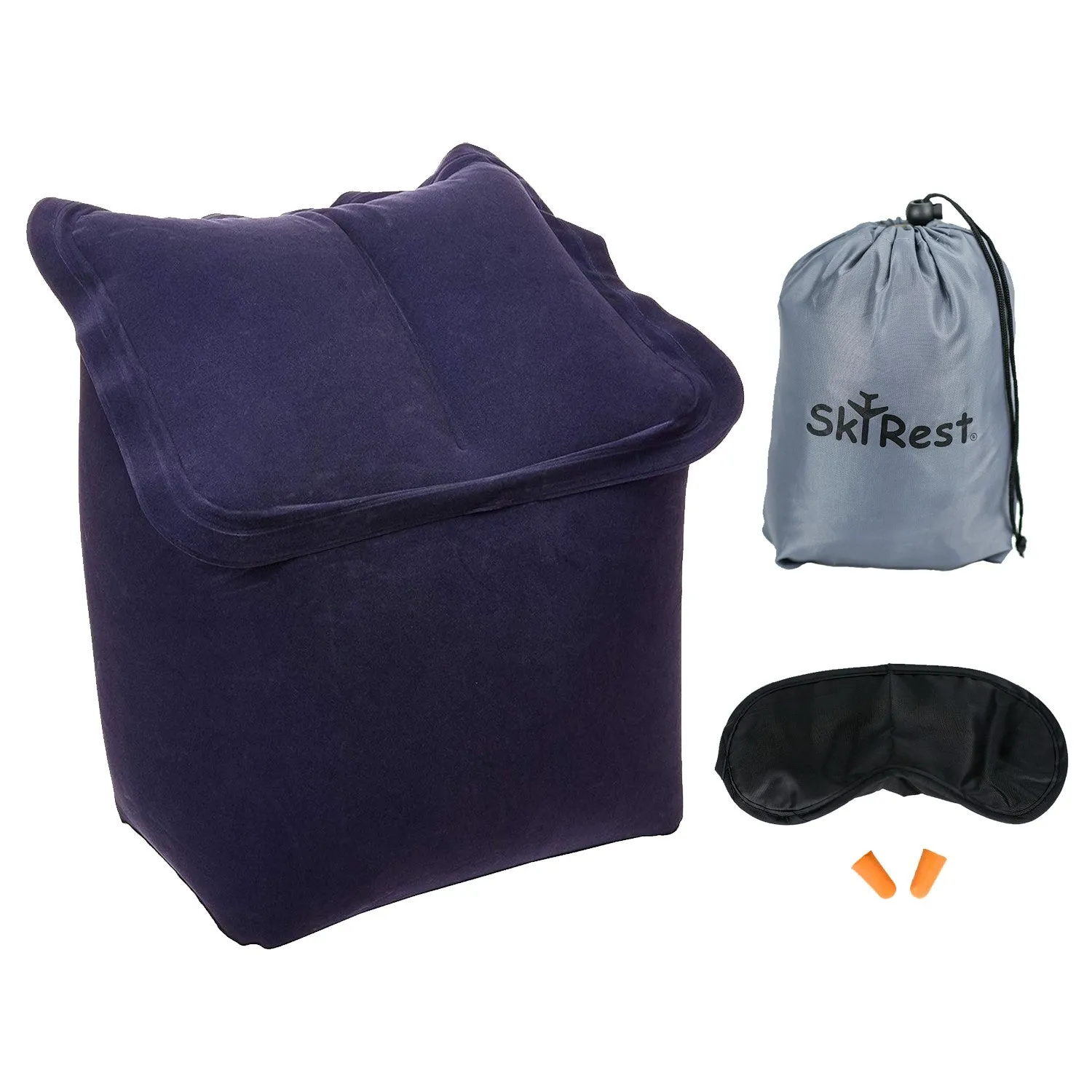 Skyrest® Inflatable Travel Pillow Portable Head Neck Rest Pillow | for Airplanes Cars Buses Trains Office | Free 1 Eye Mask 2 Ear Plugs Drawstring Pillow Bag