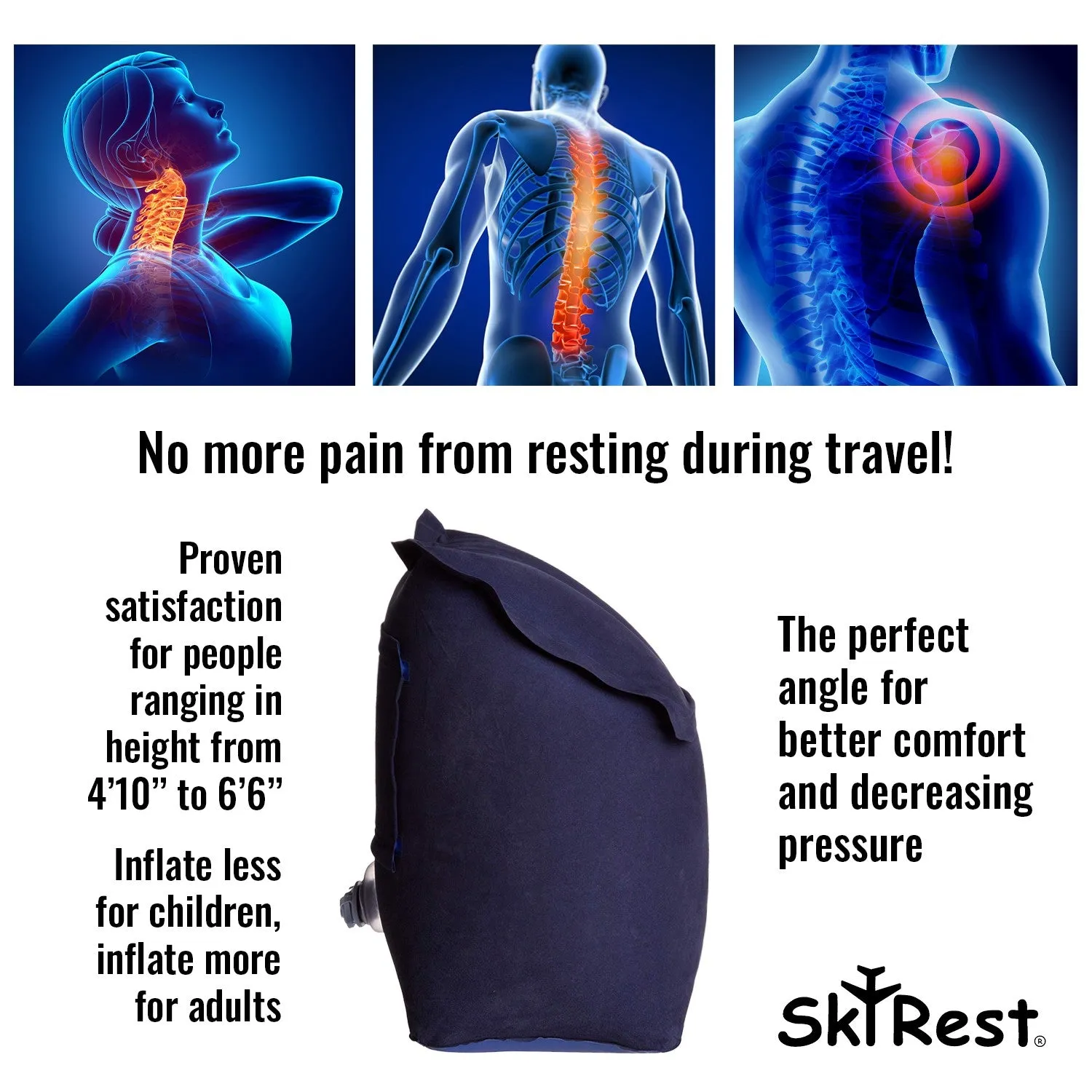 Skyrest® Inflatable Travel Pillow Portable Head Neck Rest Pillow | for Airplanes Cars Buses Trains Office | Free 1 Eye Mask 2 Ear Plugs Drawstring Pillow Bag