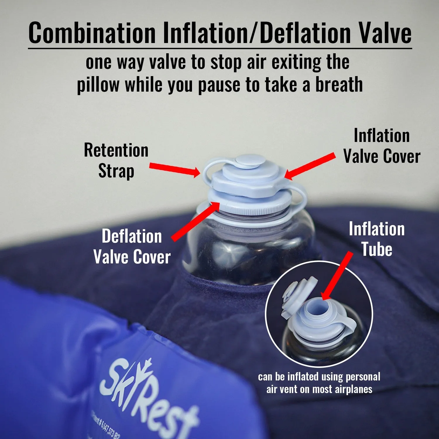 Skyrest® Inflatable Travel Pillow Portable Head Neck Rest Pillow | for Airplanes Cars Buses Trains Office | Free 1 Eye Mask 2 Ear Plugs Drawstring Pillow Bag