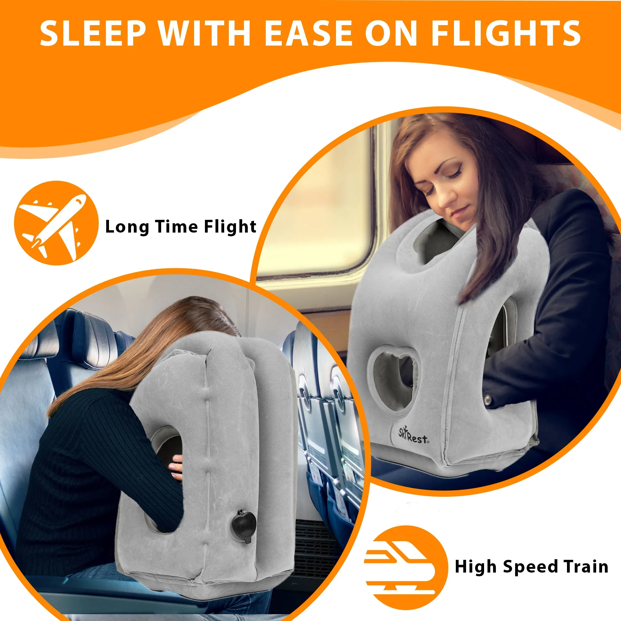 Skyrest Inflatable Travel Pillow Used for Airplanes/Cars/Buses/Trains/Office Small (Gray)